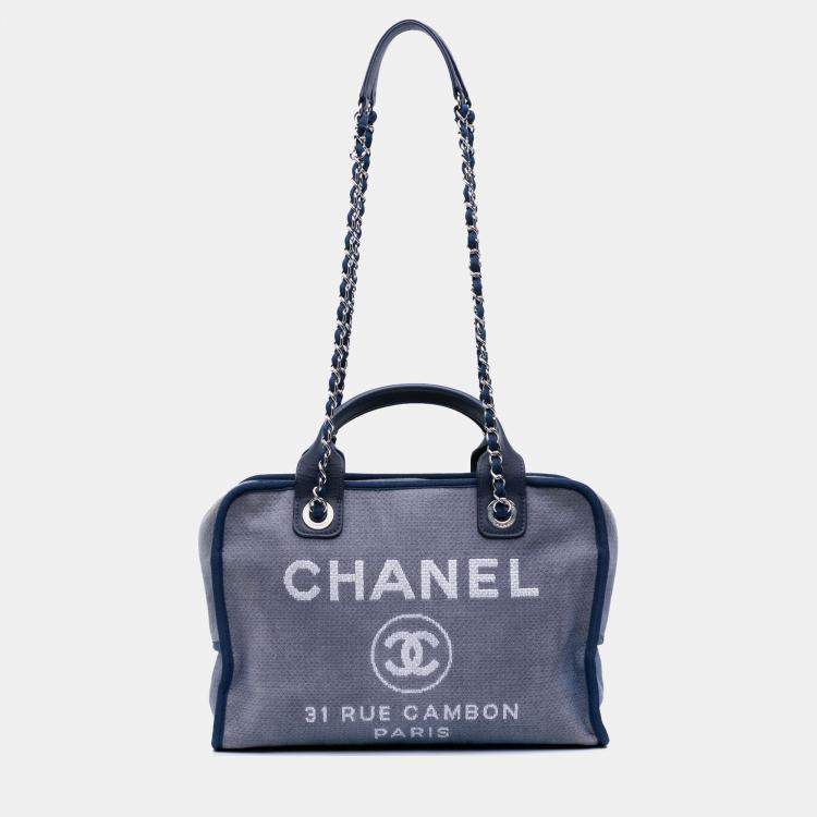 Pre Owned Chanel Blue Large Denim Deauville Bowling Bag