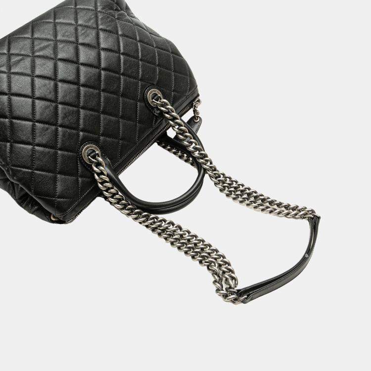 Pre Owned Chanel Black Medium Quilted Calfskin Boy Chained Tote