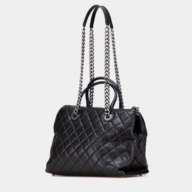 Pre Owned Chanel Black Medium Quilted Calfskin Boy Chained Tote