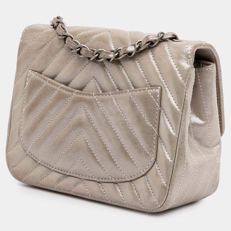 Pre Owned Chanel Brown Mini Square Classic Chevron Iridescent Lambskin Single Flap Bag