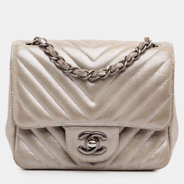 Pre Owned Chanel Brown Mini Square Classic Chevron Iridescent Lambskin Single Flap Bag
