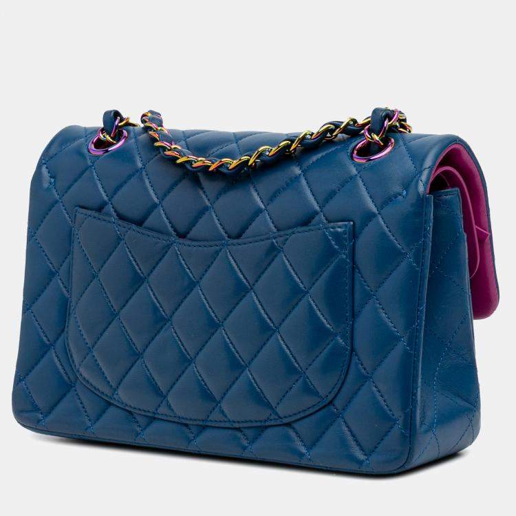 Pre Owned Chanel Blue Small Classic Lambskin Rainbow Double Flap