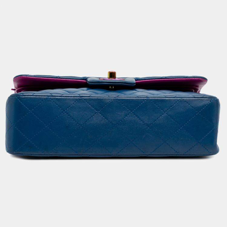 Pre Owned Chanel Blue Small Classic Lambskin Rainbow Double Flap