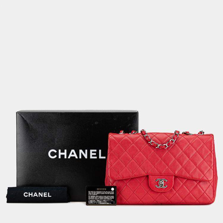 Pre Owned Chanel Red Jumbo Classic Caviar Single Flap