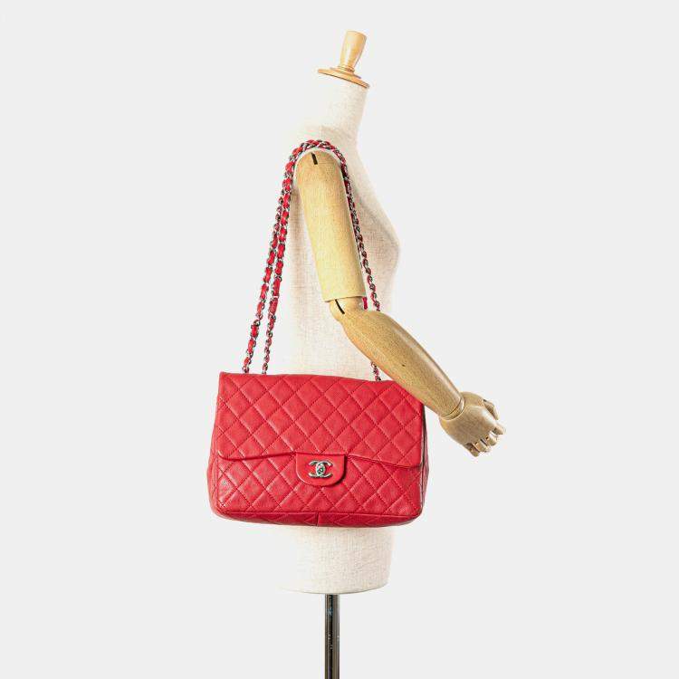 Pre Owned Chanel Red Jumbo Classic Caviar Single Flap