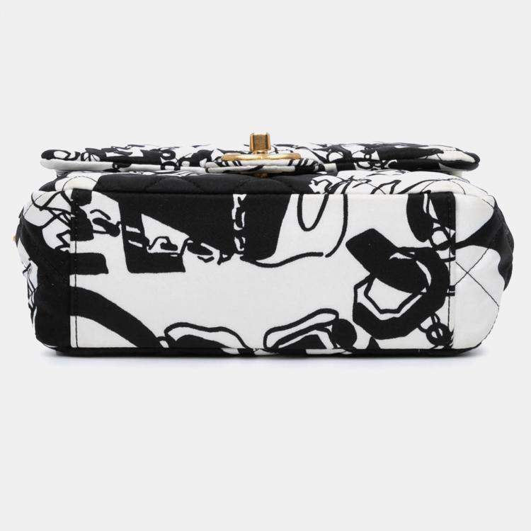 Pre Owned Chanel Black White Mini Printed Canvas Deer Coco Flap