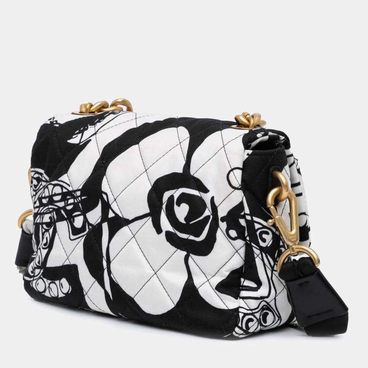 Pre Owned Chanel Black White Mini Printed Canvas Deer Coco Flap