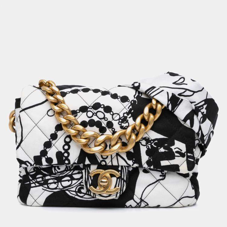 Pre Owned Chanel Black White Mini Printed Canvas Deer Coco Flap