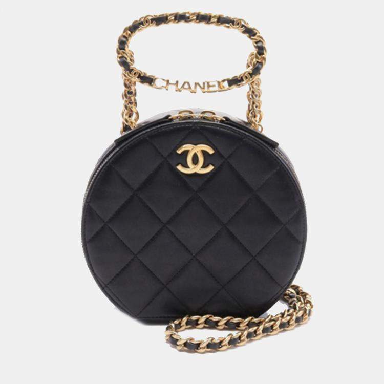 Pre Owned Chanel Black Quilted Lambskin Oval Logo Chain Top Handle Round Clutch on Chain