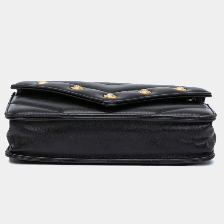 Pre Owned Chanel Black Chevron Lambskin Button Wallet On Chain