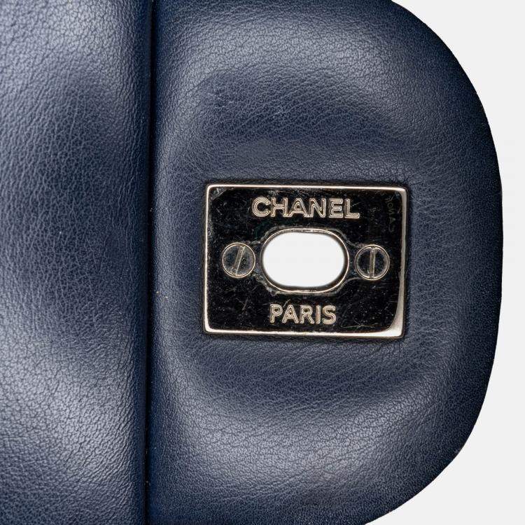 Pre Owned Chanel Blue Jumbo Classic Patent Double Flap