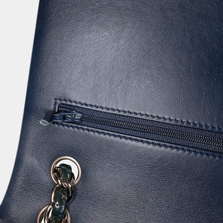 Pre Owned Chanel Blue Jumbo Classic Patent Double Flap