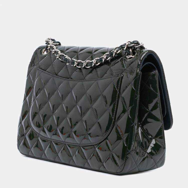Pre Owned Chanel Blue Jumbo Classic Patent Double Flap
