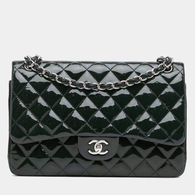 Pre Owned Chanel Blue Jumbo Classic Patent Double Flap