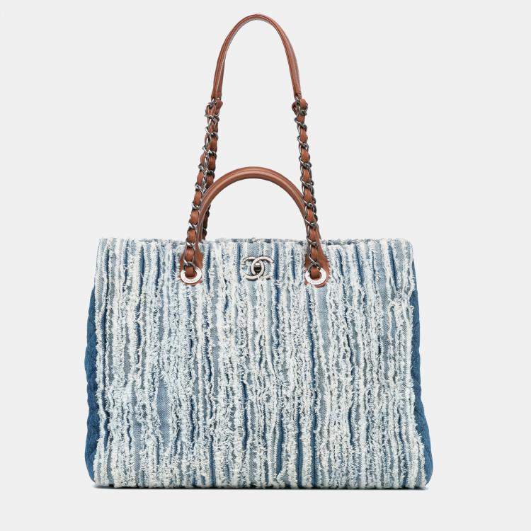 Pre Owned Chanel Blue Large Fringed Denim Shopping Tote