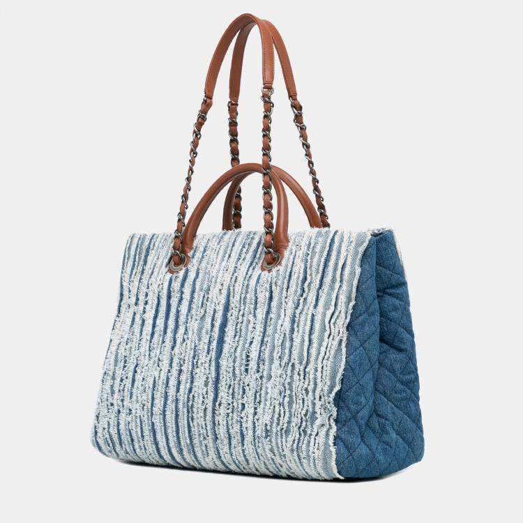 Pre Owned Chanel Blue Large Fringed Denim Shopping Tote