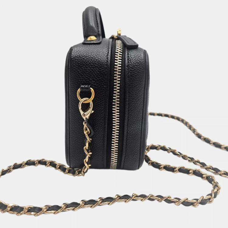 Pre Owned Chanel CC Filigree Small Black Quilted Caviar Leather Vanity Case Bag