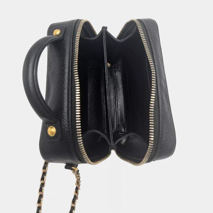 Pre Owned Chanel CC Filigree Small Black Quilted Caviar Leather Vanity Case Bag
