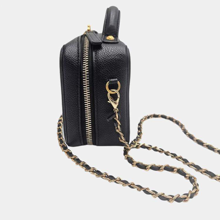 Pre Owned Chanel CC Filigree Small Black Quilted Caviar Leather Vanity Case Bag