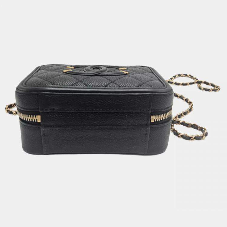 Pre Owned Chanel CC Filigree Small Black Quilted Caviar Leather Vanity Case Bag