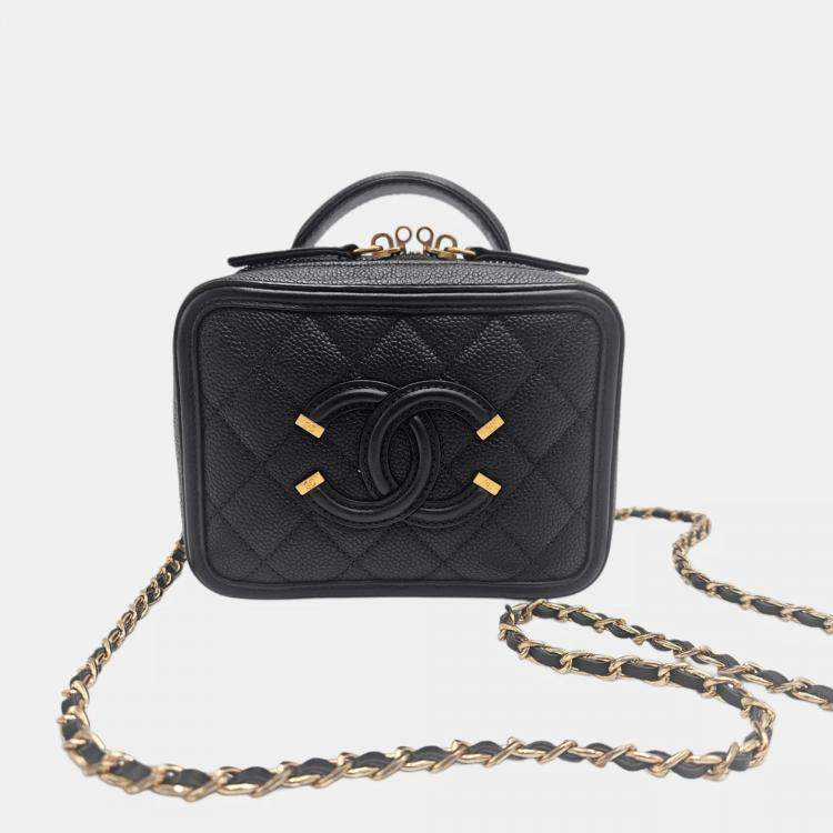 Pre Owned Chanel CC Filigree Small Black Quilted Caviar Leather Vanity Case Bag