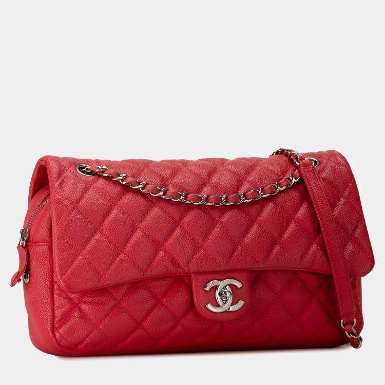 Pre Owned Chanel Red Jumbo Caviar Easy Flap Bag
