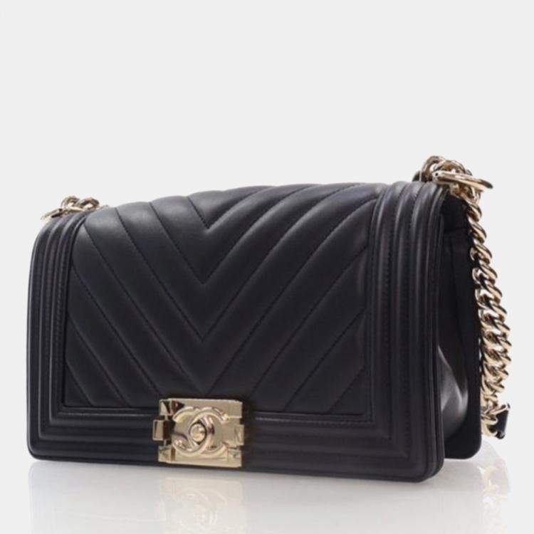 Pre Owned Chanel Boy Medium Black Calfskin Chevron Flap Bag
