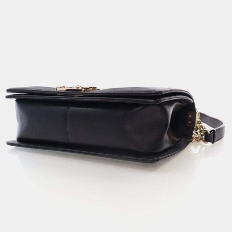 Pre Owned Chanel Boy Medium Black Calfskin Chevron Flap Bag