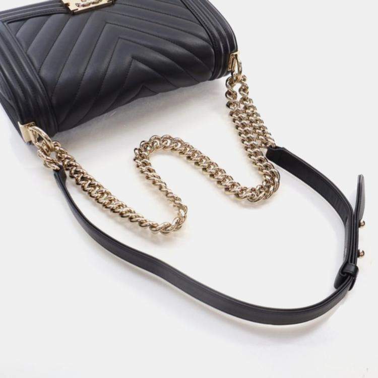 Pre Owned Chanel Boy Medium Black Calfskin Chevron Flap Bag