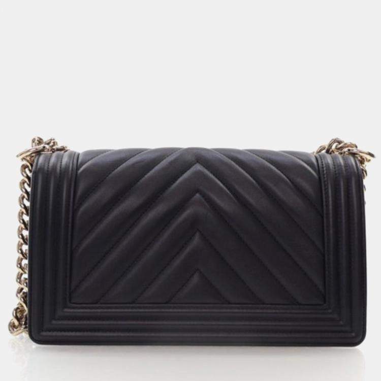 Pre Owned Chanel Boy Medium Black Calfskin Chevron Flap Bag