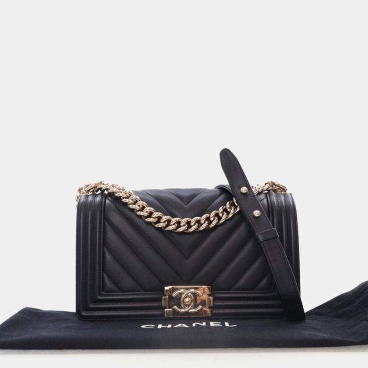 Pre Owned Chanel Boy Medium Black Calfskin Chevron Flap Bag
