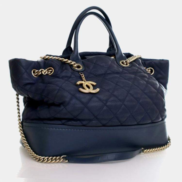 Pre Owned Chanel Globe Trotter Blue Caviar Shopping Tote Bag