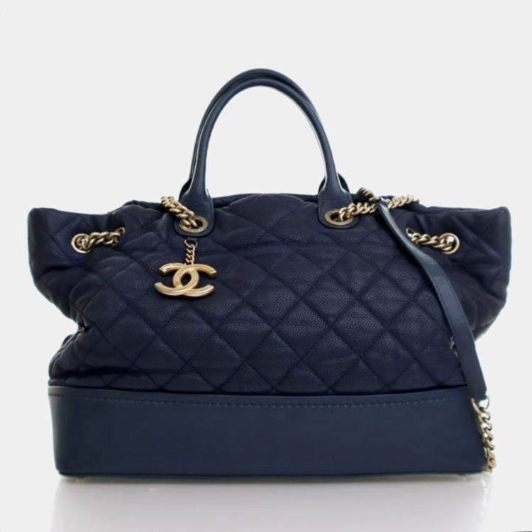 Pre Owned Chanel Globe Trotter Blue Caviar Shopping Tote Bag