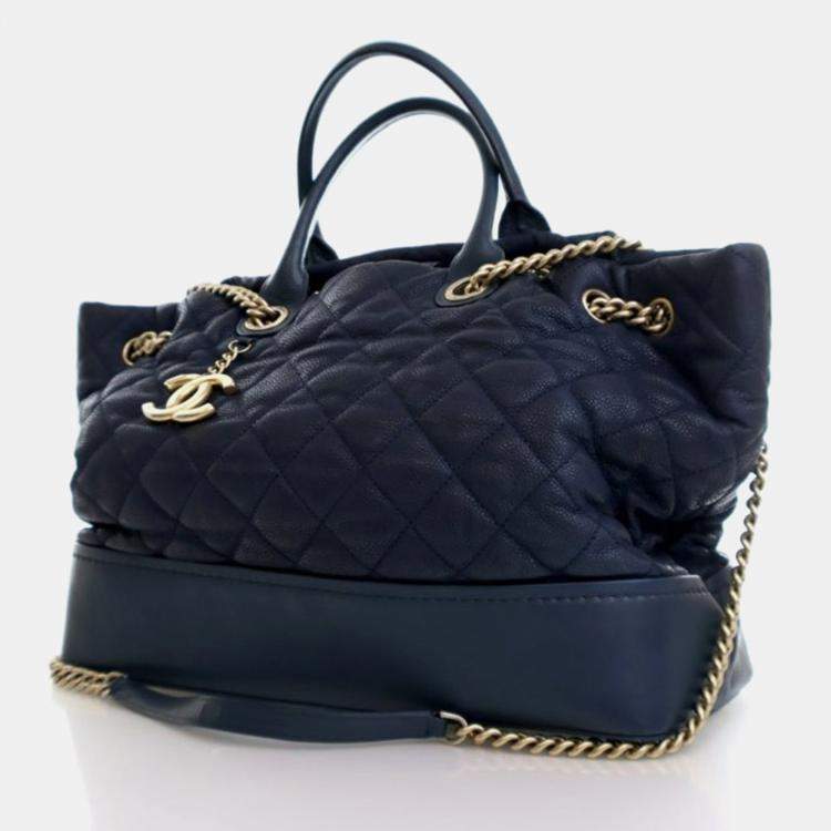 Pre Owned Chanel Globe Trotter Blue Caviar Shopping Tote Bag