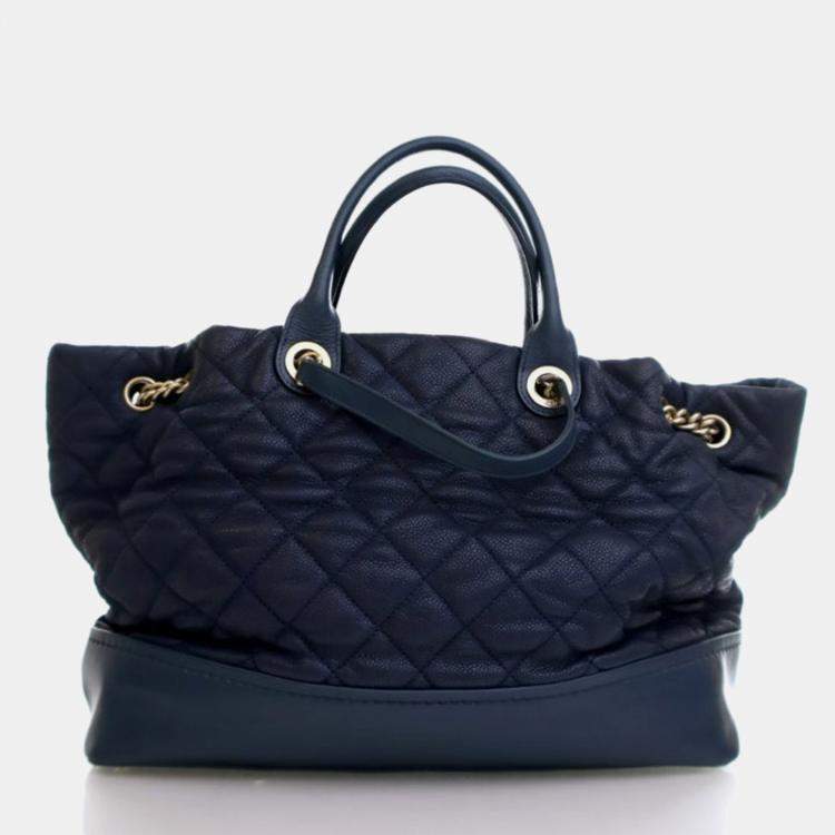 Pre Owned Chanel Globe Trotter Blue Caviar Shopping Tote Bag
