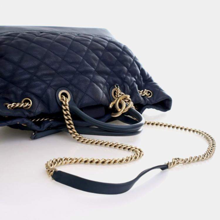Pre Owned Chanel Globe Trotter Blue Caviar Shopping Tote Bag