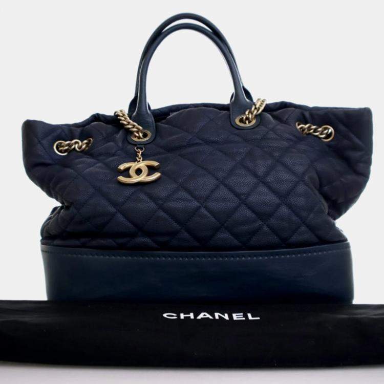 Pre Owned Chanel Globe Trotter Blue Caviar Shopping Tote Bag