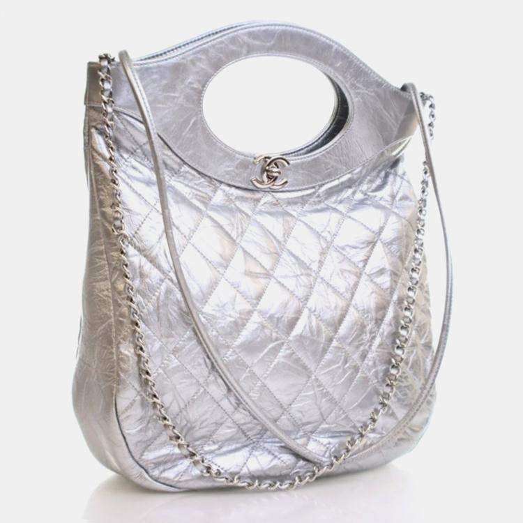 Pre Owned Chanel 31 Silver Crinkled Calfskin Shoulder Bag