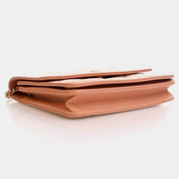 Pre Owned Chanel Square Beige Pink Lambskin Wallet On Chain 