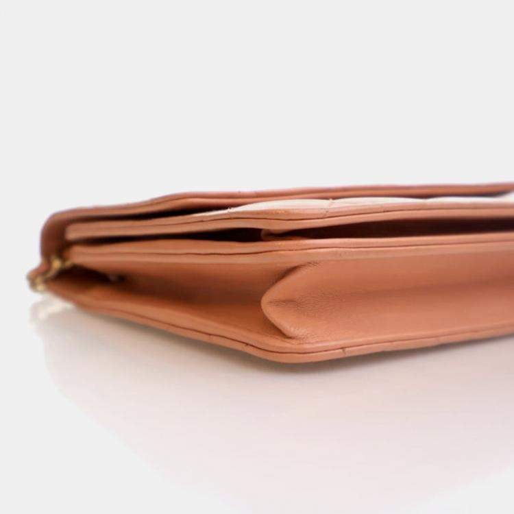 Pre Owned Chanel Square Beige Pink Lambskin Wallet On Chain 