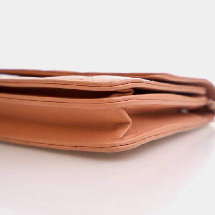 Pre Owned Chanel Square Beige Pink Lambskin Wallet On Chain 