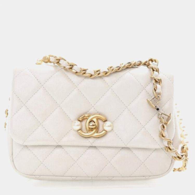 Pre Owned Chanel Pearl Section Mini White Calfskin Flap Bag