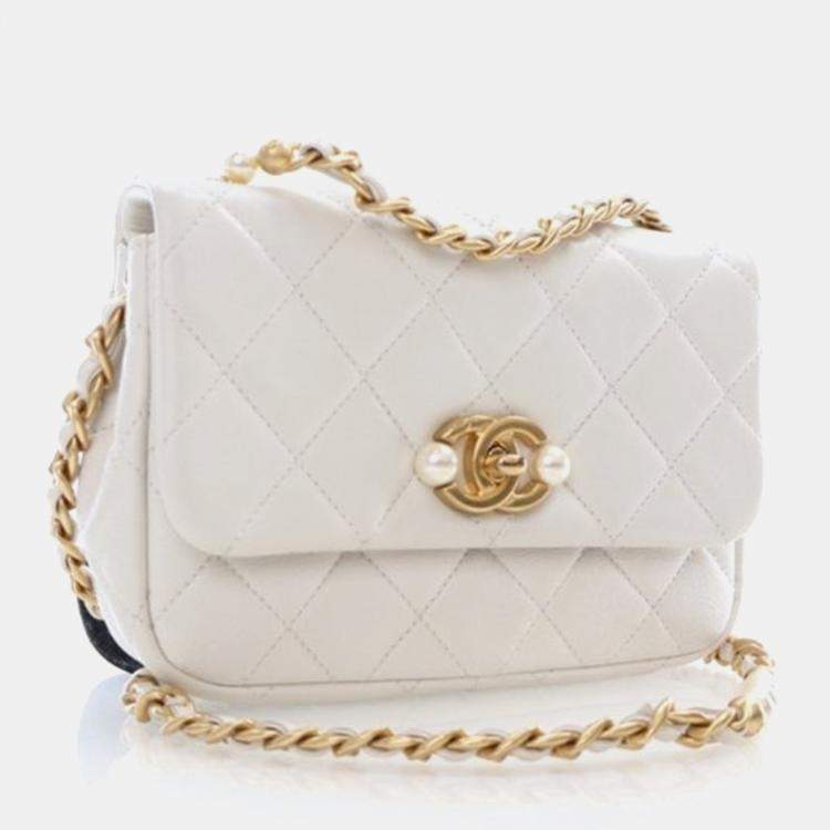 Pre Owned Chanel Pearl Section Mini White Calfskin Flap Bag