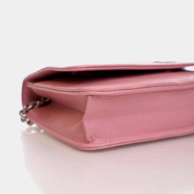 Pre Owned Chanel Camellia Pink Lambskin Wallet On Chain 