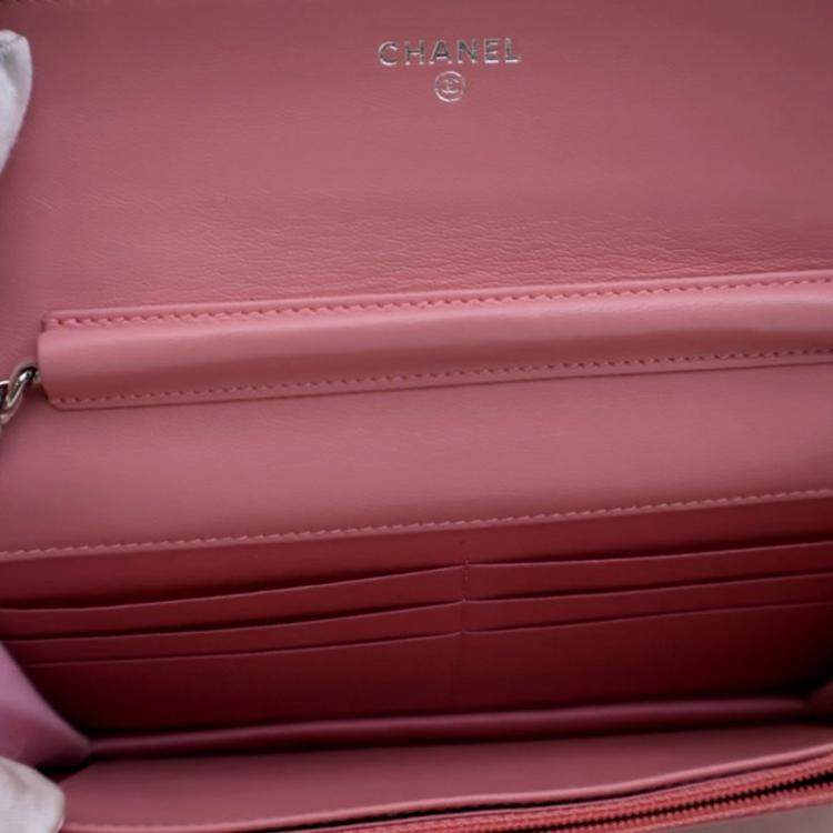 Pre Owned Chanel Camellia Pink Lambskin Wallet On Chain 