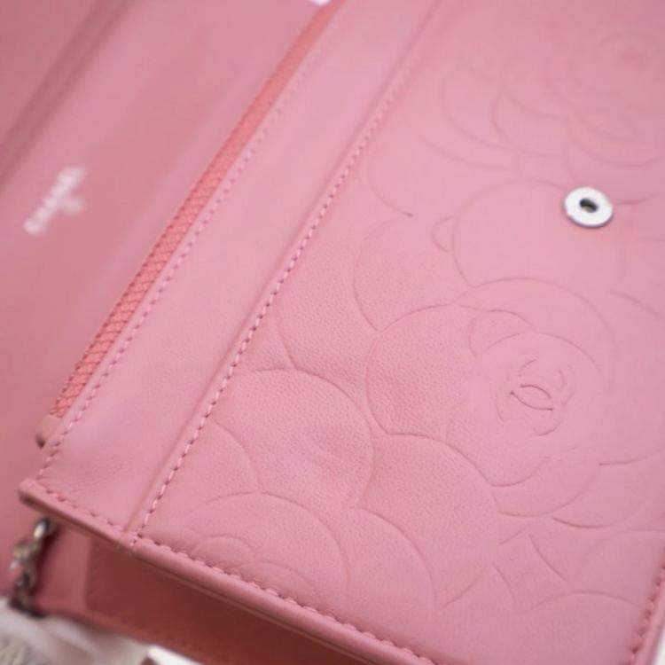 Pre Owned Chanel Camellia Pink Lambskin Wallet On Chain 