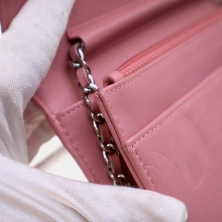 Pre Owned Chanel Camellia Pink Lambskin Wallet On Chain 