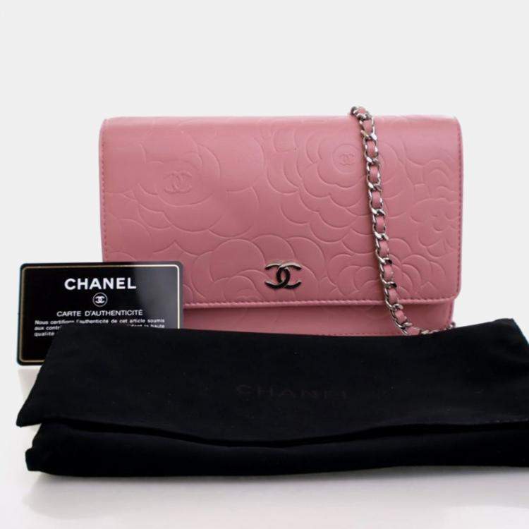 Pre Owned Chanel Camellia Pink Lambskin Wallet On Chain 