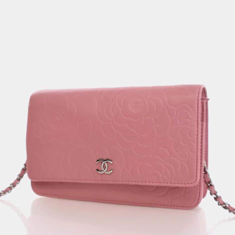 Pre Owned Chanel Camellia Pink Lambskin Wallet On Chain 