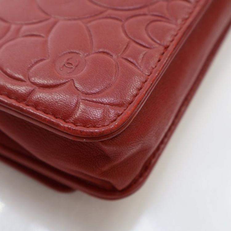 Pre Owned Chanel Camellia Embossed Red Lambskin Wallet On Chain 